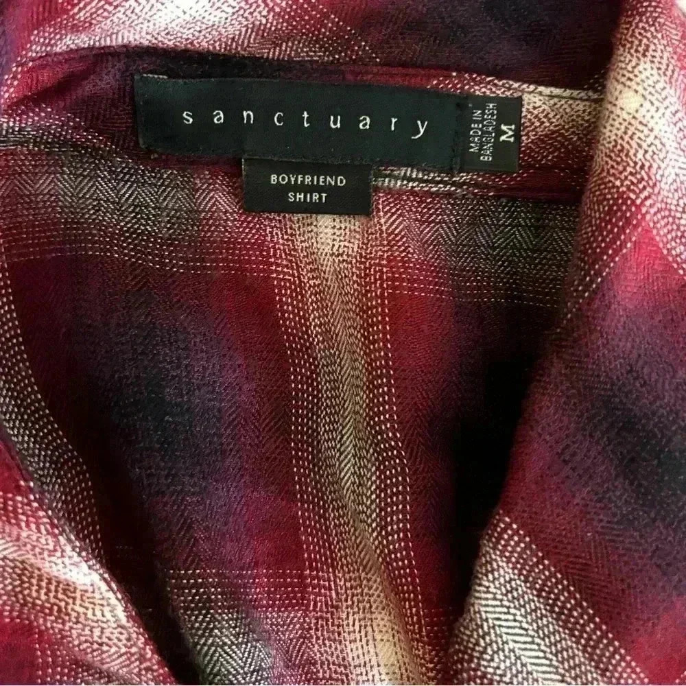 Sanctuary Maroon/White Plaid 100% Rayon‎ Rolled Sleeves Snap Down Shirt Size M - Picture 13 of 16